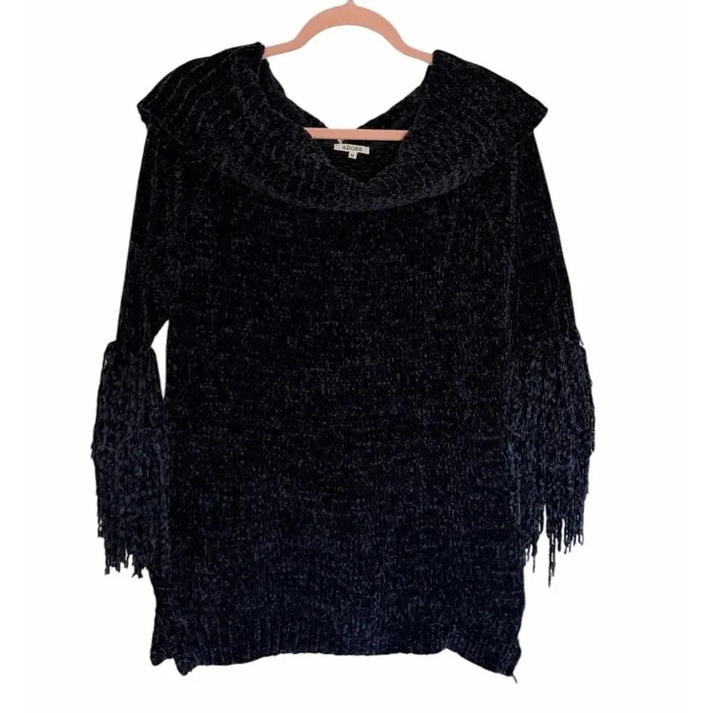 Adore Women's Medium Dark Blue Super Soft Cowl Neck Long Flutter Sleeve Sweater